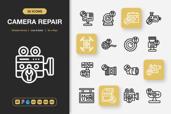 Camera Repair Icons: Clean Design for Every Project