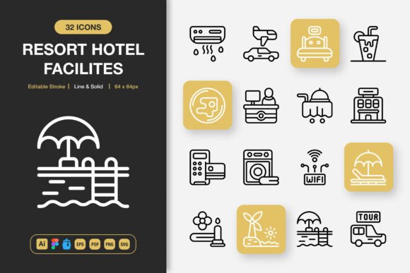 Resort Hotel Facilities Icons Set