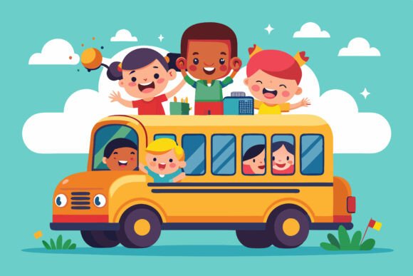 Vibrant Happy Children on School Bus Illustrations