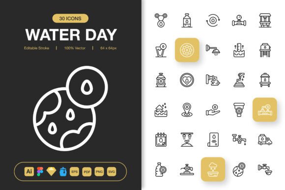 World Water Day Outline Icons: Clean & Versatile Design Assets